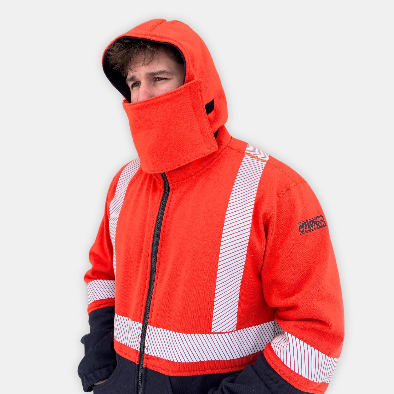 MWG BLOCKER Men's FR Full Zip Hoodie. Orange and navy with silver hi-vis reflective striping.