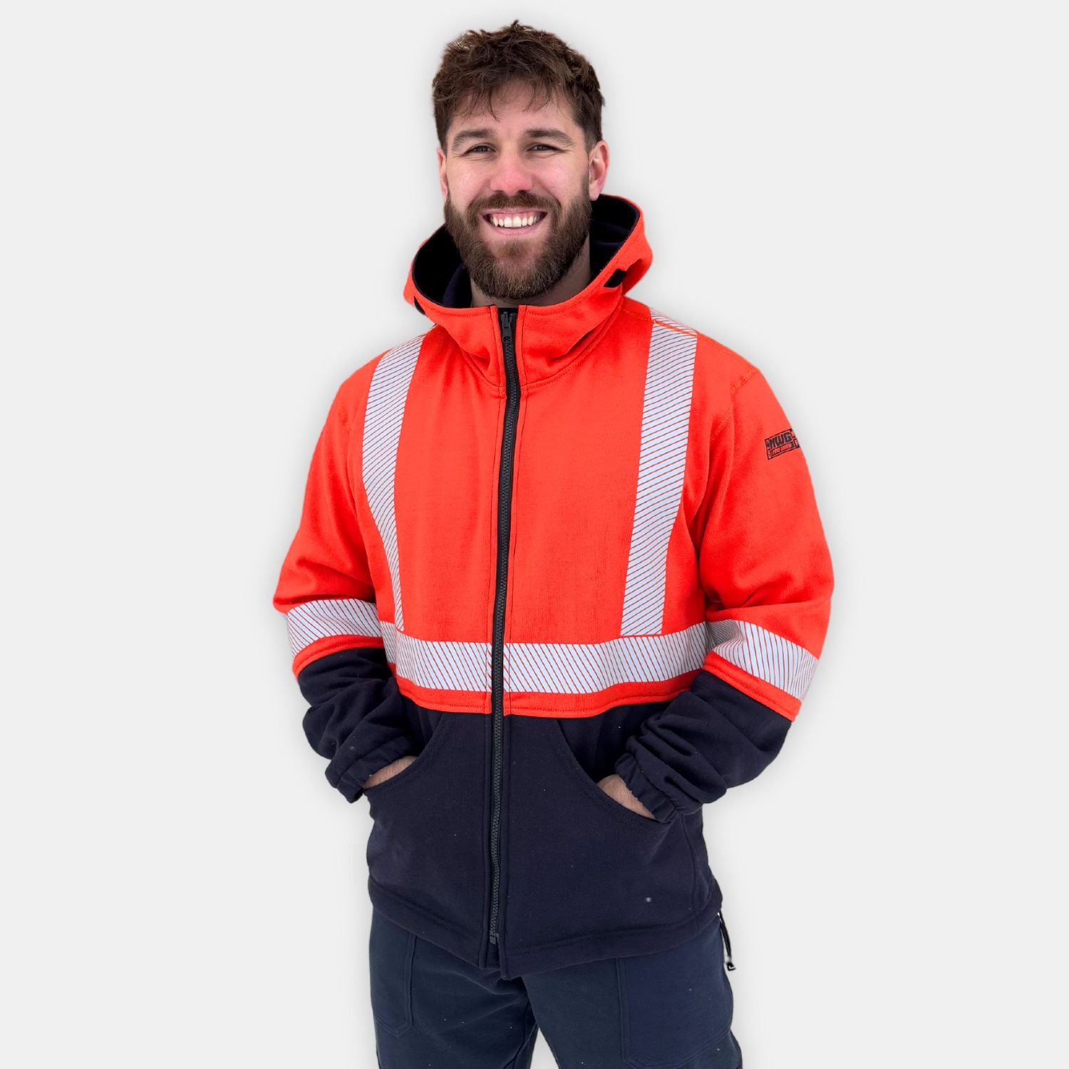 MWG BLOCKER Men's FR Full Zip Hoodie. Orange and navy with silver hi-vis reflective striping.