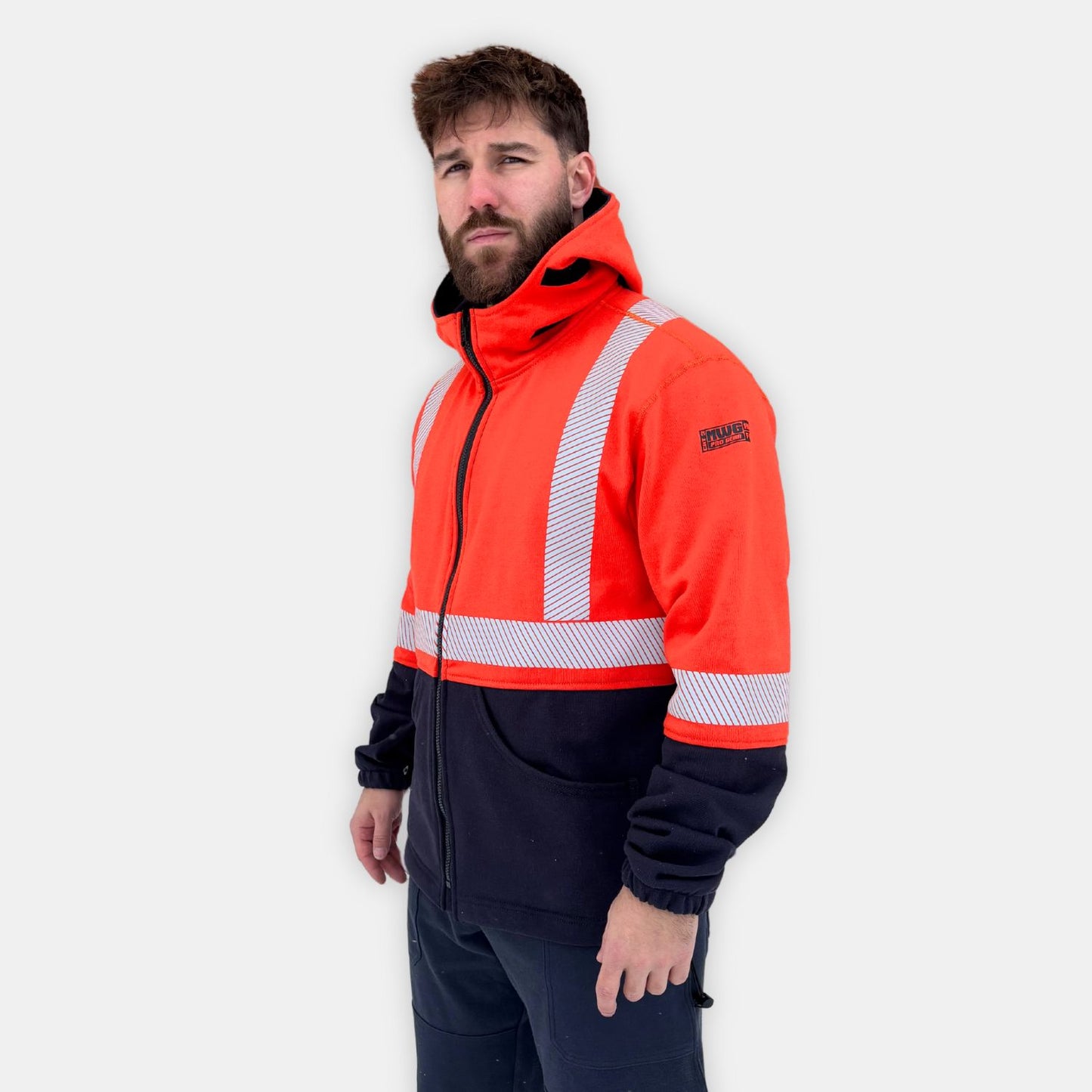 MWG BLOCKER Men's FR Full Zip Hoodie. Orange and navy with silver hi-vis reflective striping.