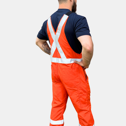 MWG lightweight bib overall. FR Bib Overall is bright orange in colour with silver reflective tape on torso and legs.