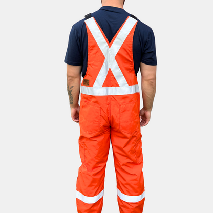 MWG lightweight bib overall. FR Bib Overall is bright orange in colour with silver reflective tape on torso and legs.