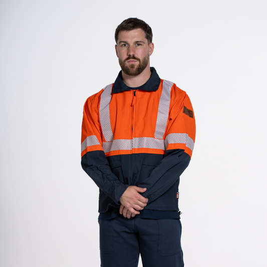 MWG RIPGUARD Men's FR Lightweight Jacket. FR Jacket is orange and nay with silver reflective striping. FR Jacket is CAT 2 FR.