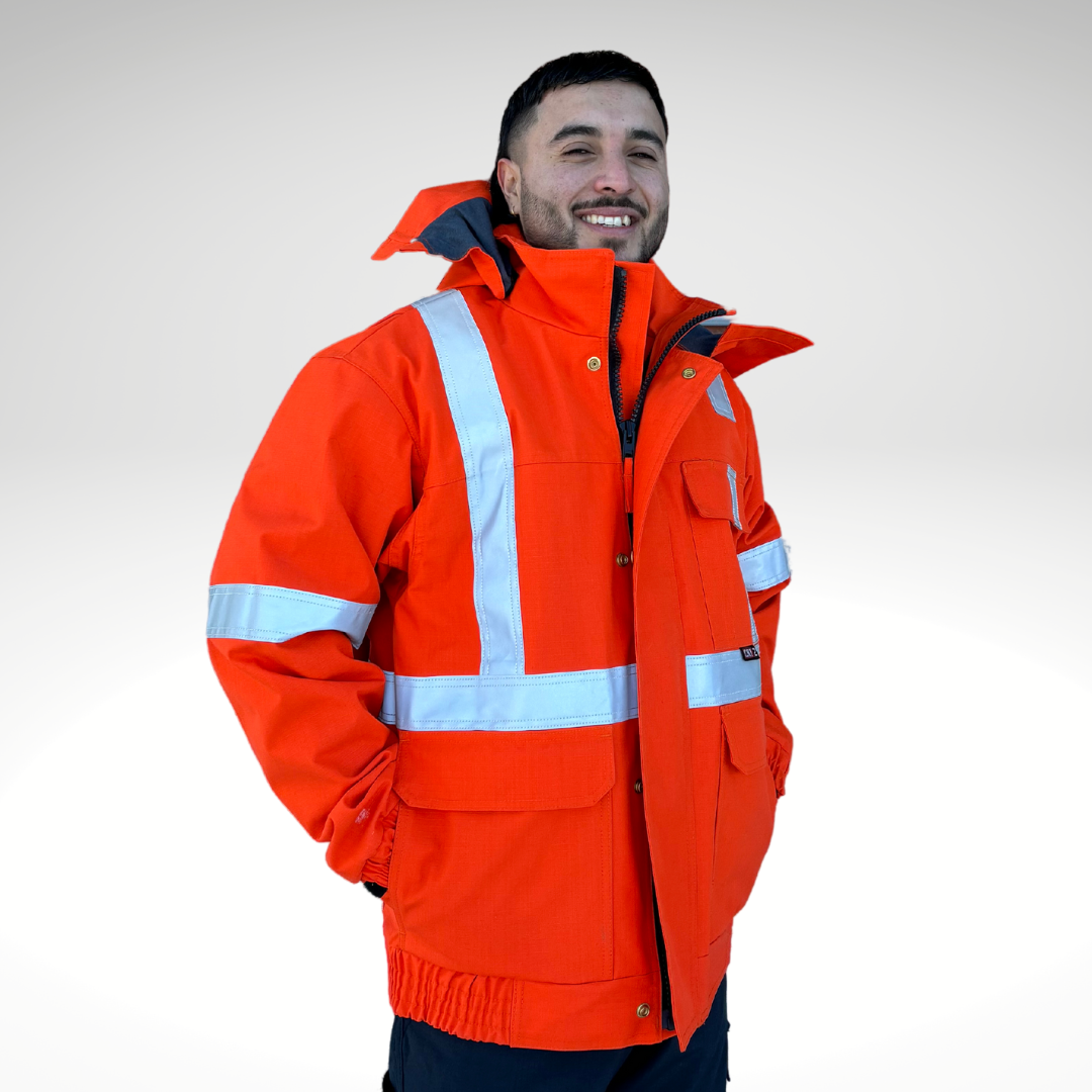 MWG STORMSHIELD Men's FR Jacket. Men's FR Winter Jacket is bright orange with silver reflective striping on torso and sleeves for high-visibility. Men's FR Jacket is made with MWG STORMSHIELD, an inherently flame-resistant ripstop fabric. Men's FR Jacket can be layered with FR Hoodie and FR Freezer Jacket for additional warmth.