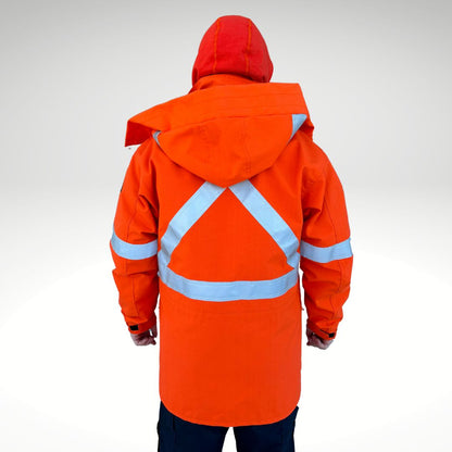 Image of MWG STORMSHIELD FR/AR Parka Jacket. FR Parka is bright orange with silver reflective striping on torso and sleeves for high-visibility. MWG STORMSHIELD is an inherent ripstop fabric for safety and durability. MWG STORMSHIELD is waterproof and windproof for warmth and comfort in cold and wet weather. Men's FR Freezer Jacket zips in for added warmth.