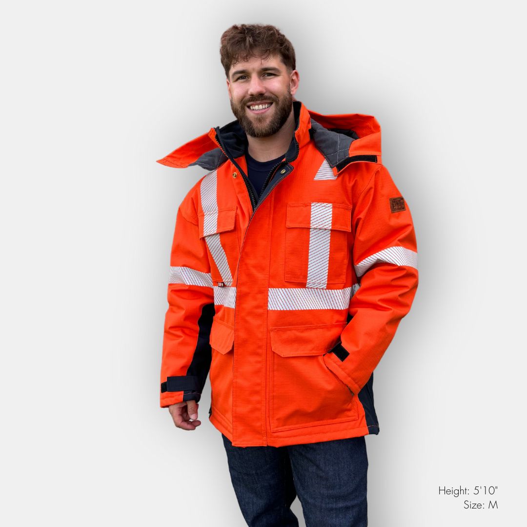 MWG STORMSHIELD Men's FR Insulated Parka. FR Jacket is bright orange with silver reflective striping on torso and sleeves. Inherent flame-resistant fabric.