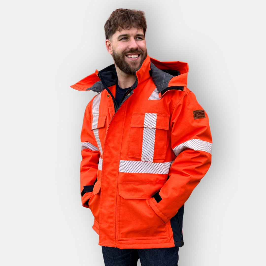 MWG STORMSHIELD Men's FR Insulated Parka. FR Jacket is bright orange with silver reflective striping on torso and sleeves. Inherent flame-resistant fabric.