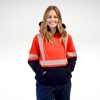 MWG BLOCKER Women's FR Pullover Hoodie. FR Hoodie is bright orange and navy with silver reflective striping on torso and sleeves.