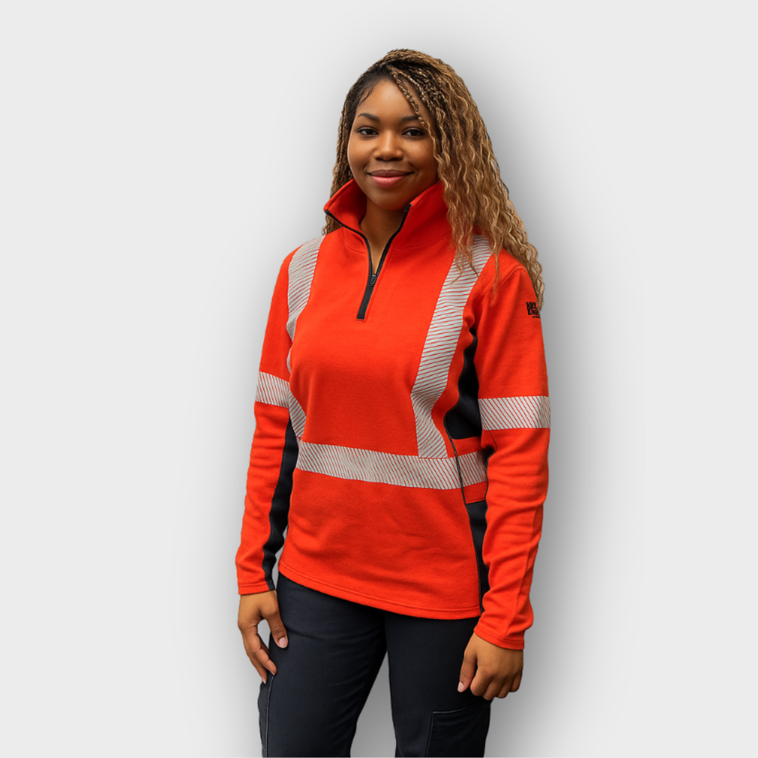 MWG PROFLEX Women's FR Quarter Zip. Women's FR Sweatshirt is orange with silver reflective striping.
