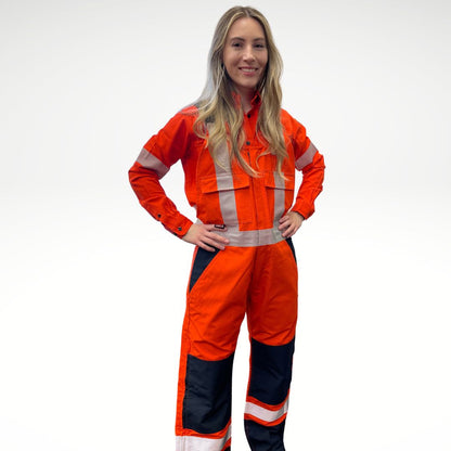 MWG RIPGUARD Women's FR Overall. Women's FR Overall is bright orange and navy with silver reflective striping on torso and legs for high-visibility. Women's FR Overalls have black shoulder straps and a black FR Zipper. Women's FR Overall is made with MWG RIPGUARD, an inherently fire-resistant ripstop fabric. Women's FR Overalls are CAT 2 FR.