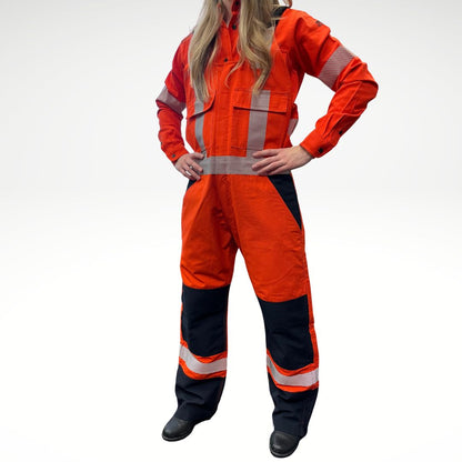 MWG RIPGUARD Women's FR Overall. Women's FR Overall is bright orange and navy with silver reflective striping on torso and legs for high-visibility. Women's FR Overalls have black shoulder straps and a black FR Zipper. Women's FR Overall is made with MWG RIPGUARD, an inherently fire-resistant ripstop fabric. Women's FR Overalls are CAT 2 FR.