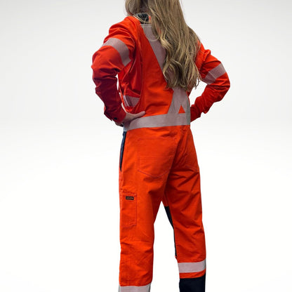 MWG RIPGUARD Women's FR Overall. Women's FR Overall is bright orange and navy with silver reflective striping on torso and legs for high-visibility. Women's FR Overalls have black shoulder straps and a black FR Zipper. Women's FR Overall is made with MWG RIPGUARD, an inherently fire-resistant ripstop fabric. Women's FR Overalls are CAT 2 FR.