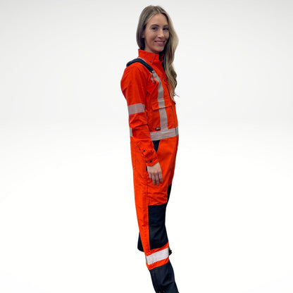 MWG RIPGUARD Women's FR Overall. Women's FR Overall is bright orange and navy with silver reflective striping on torso and legs for high-visibility. Women's FR Overalls have black shoulder straps and a black FR Zipper. Women's FR Overall is made with MWG RIPGUARD, an inherently fire-resistant ripstop fabric. Women's FR Overalls are CAT 2 FR.