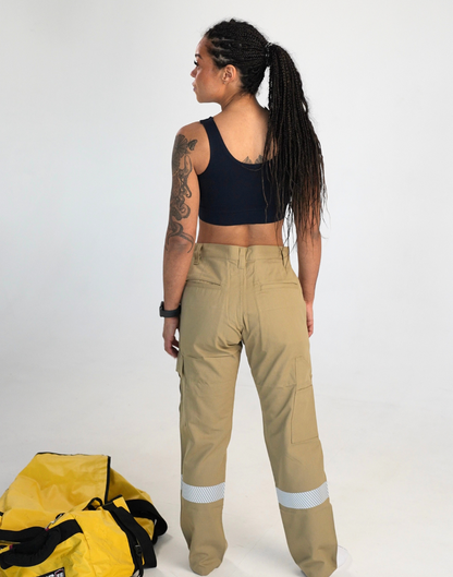 MWG COMFORT WEAVE Women's FR Utility Pant. Women's FR Pant is tan with silver reflective. Women's FR Pant has a CAT 2 FR Rating.