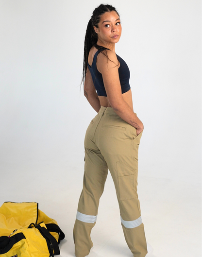 MWG COMFORT WEAVE Women's FR Utility Pant. Women's FR Pant is tan with silver reflective. Women's FR Pant has a CAT 2 FR Rating.