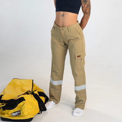 MWG COMFORT WEAVE Women's FR Utility Pant. Women's FR Pant is tan with silver reflective. Women's FR Pant has a CAT 2 FR Rating.