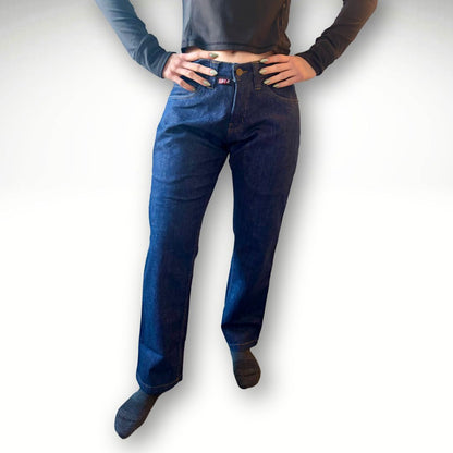 Women's FR Stretch Denim Jean. Women's FR Jeans are navy with gold stitching.