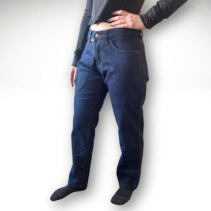 Women's FR Stretch Denim Jean. Women's FR Jeans are navy with gold stitching.