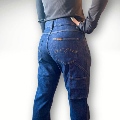 Women's FR Stretch Denim Jean. Women's FR Jeans are navy with gold stitching.