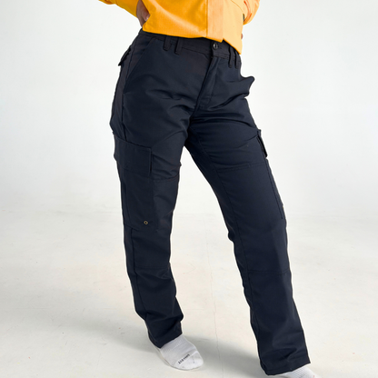 MWG RIPGUARD Women's FR Wildland Pants. Women's FR Pants are navy with cargo pockets and a reinforced seat.