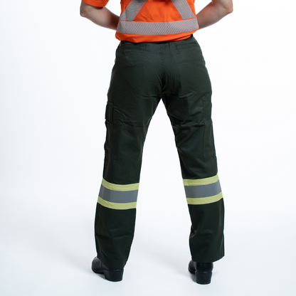 MWG COMFORT WEAVE Women's FR Utility Pants. Women's FR Pants are green in color with silver reflective striping on lower legs for high-visibility. Women's FR Pants are made with inherently fire resistant fabric. Women's FR Pants are CAT 2 FR.