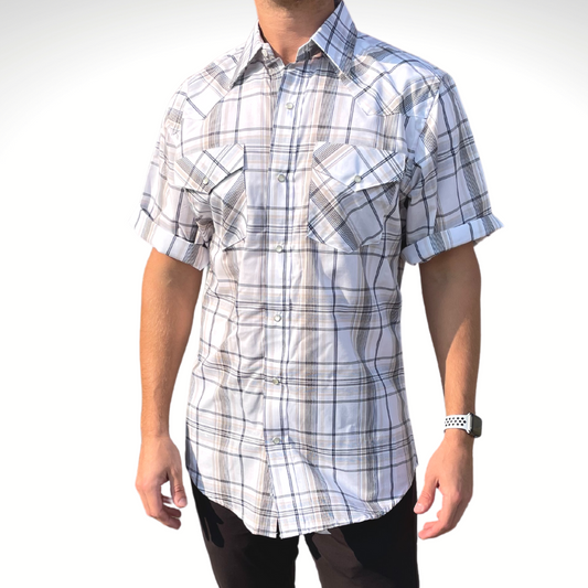 Men's Short-Sleeve Snap Plaid Shirt (White) - I30E00-02