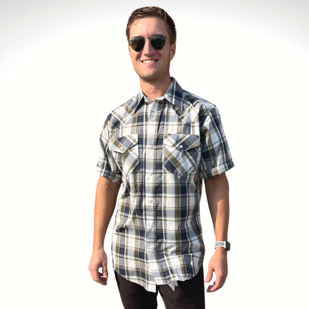 Men's Short-Sleeve Snap Plaid Shirt (Khaki) - I30E00-25
