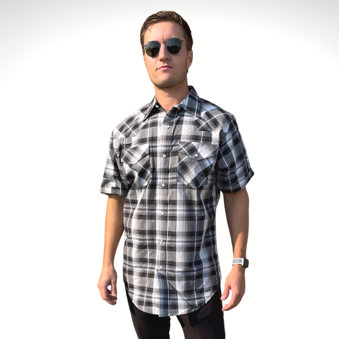 Men's Short-Sleeve Snap Plaid Shirt (Charcoal) - I30E00-57