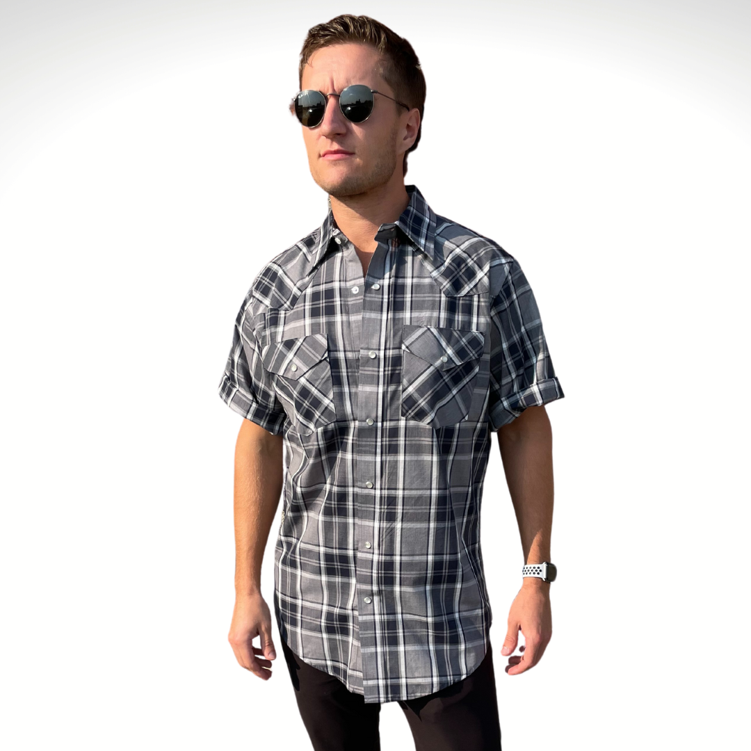 Men's Short-Sleeve Snap Plaid Shirt (Pewter) - I30E00-45
