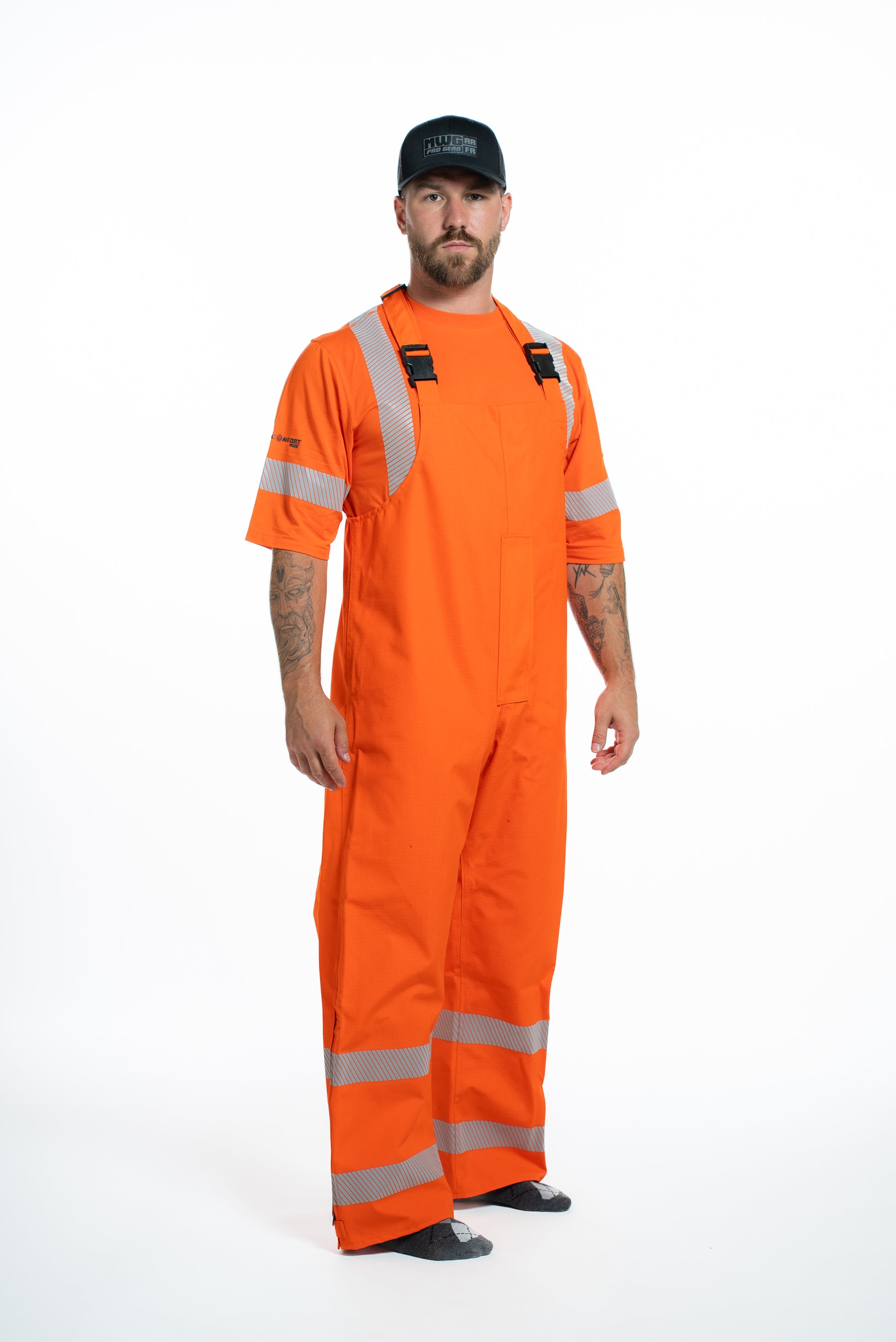 MWG STORMSHIELD Men's FR Rain Pants. FR Rain Pants are bright orange with silver reflective striping to meet hi-vis standards.