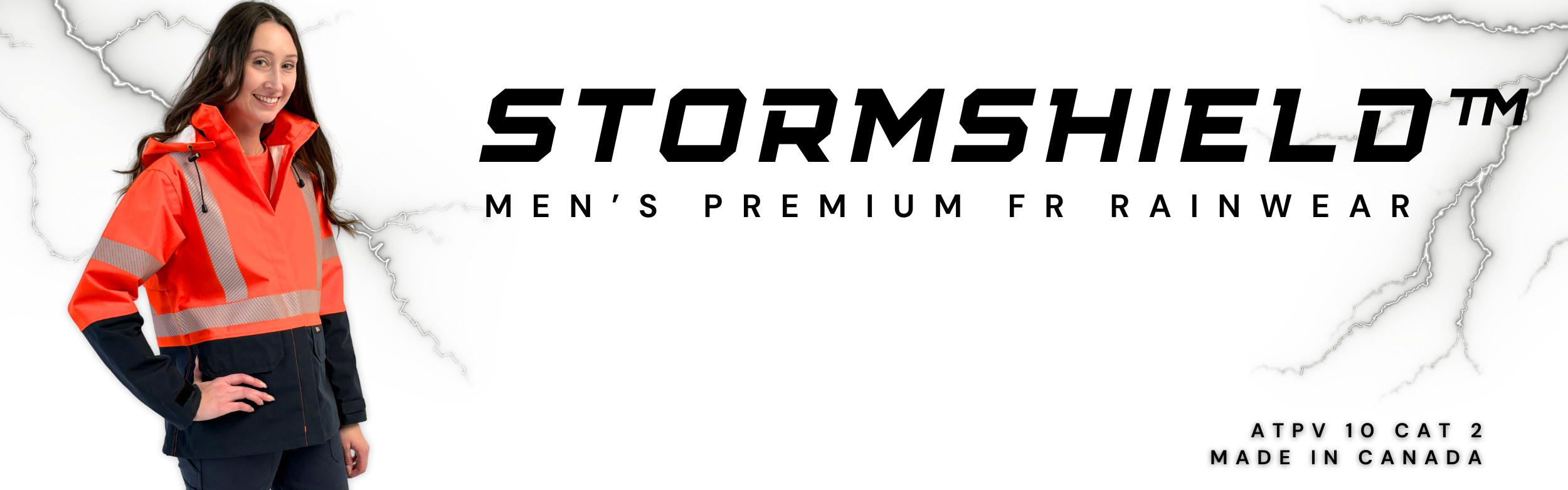 MWG STORMSHIELD Women's FR Rain Jacket. FR Rain Jacket is bright orange and navy with silver reflective striping.