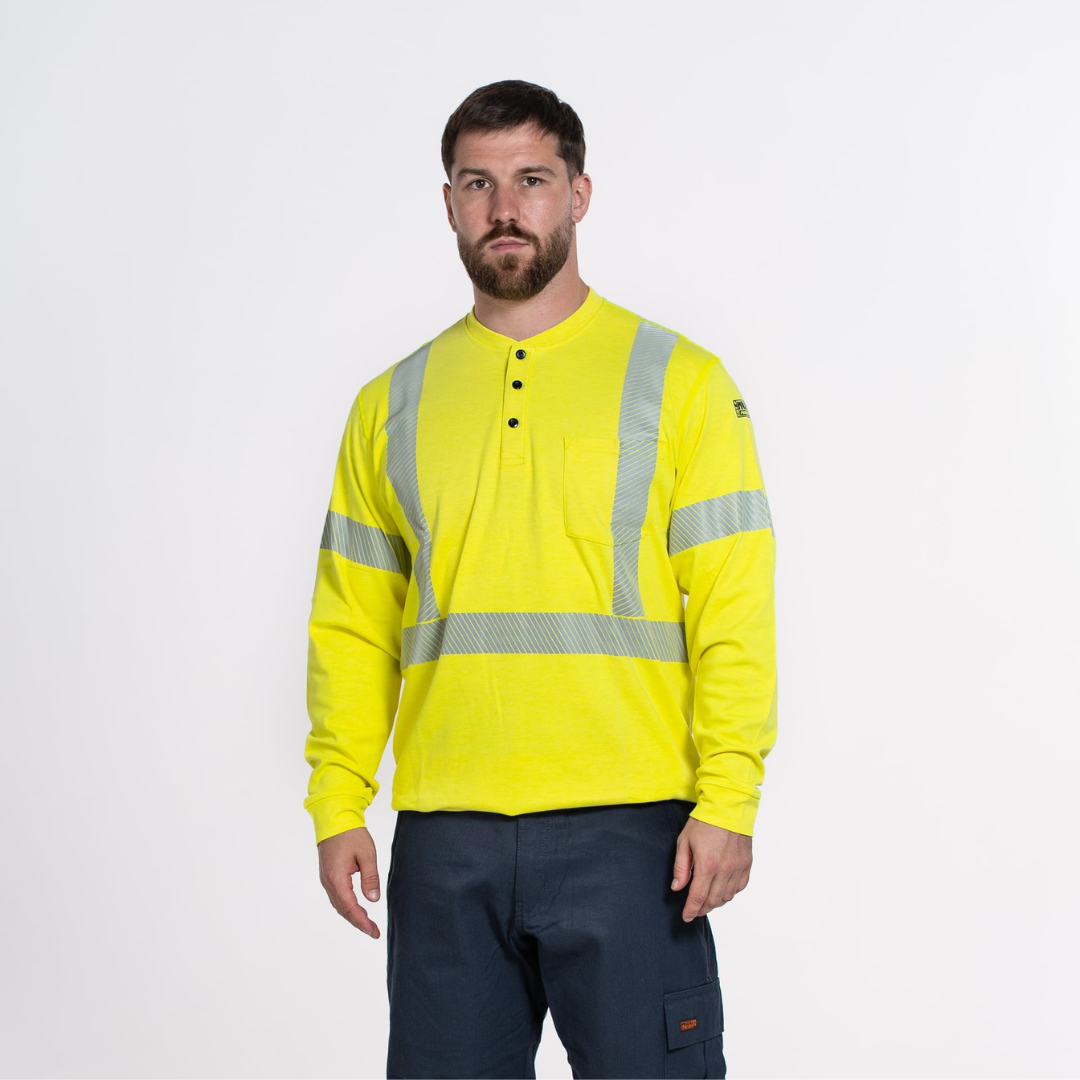 MWG EVOLUTION Men's FR Henley. Men's FR Shirt is bright yellow and CAT 2 FR.