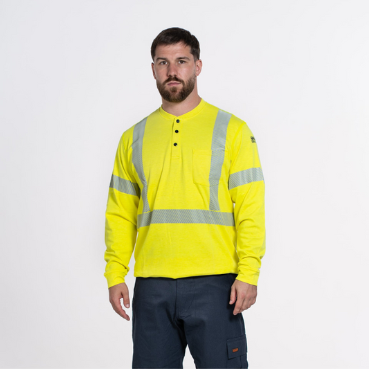 MWG EVOLUTION Men's FR Henley. Men's FR Shirt is bright yellow and CAT 2 FR.