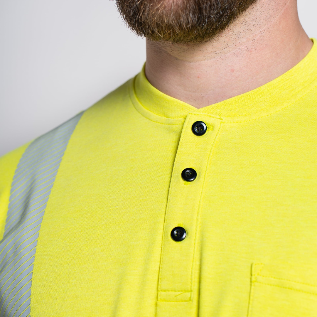 MWG EVOLUTION Men's FR Henley. Men's FR Shirt is bright yellow and CAT 2 FR.