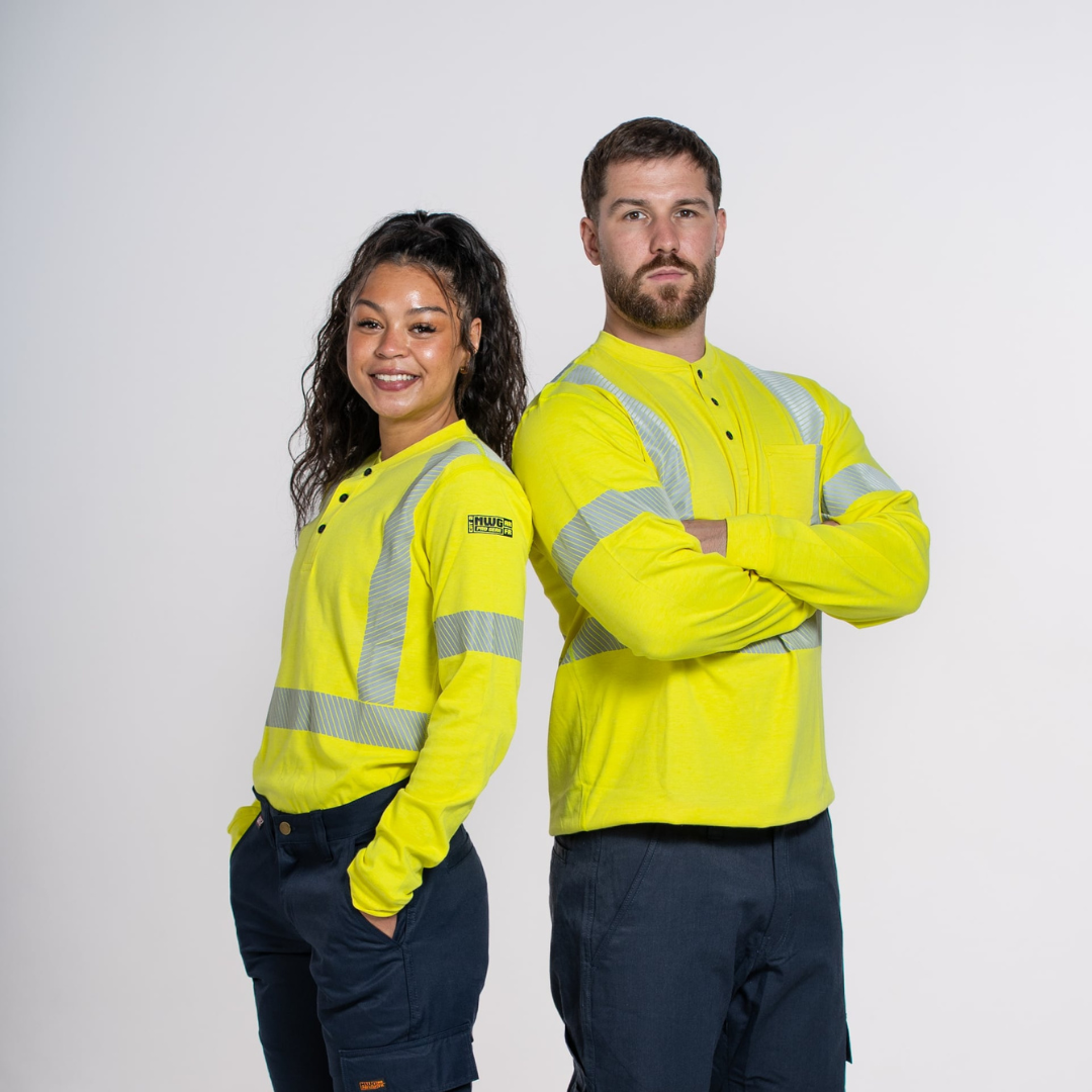 MWG EVOLUTION Men's FR Henley. Men's FR Shirt is bright yellow and CAT 2 FR.