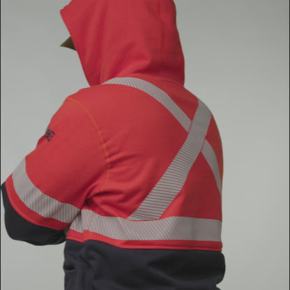 MWG BLOCKER Men's FR Pullover Hoodie. Men's FR Hoodie is orange and navy with silver reflective. FR Hoodie is CAT 3 FR.