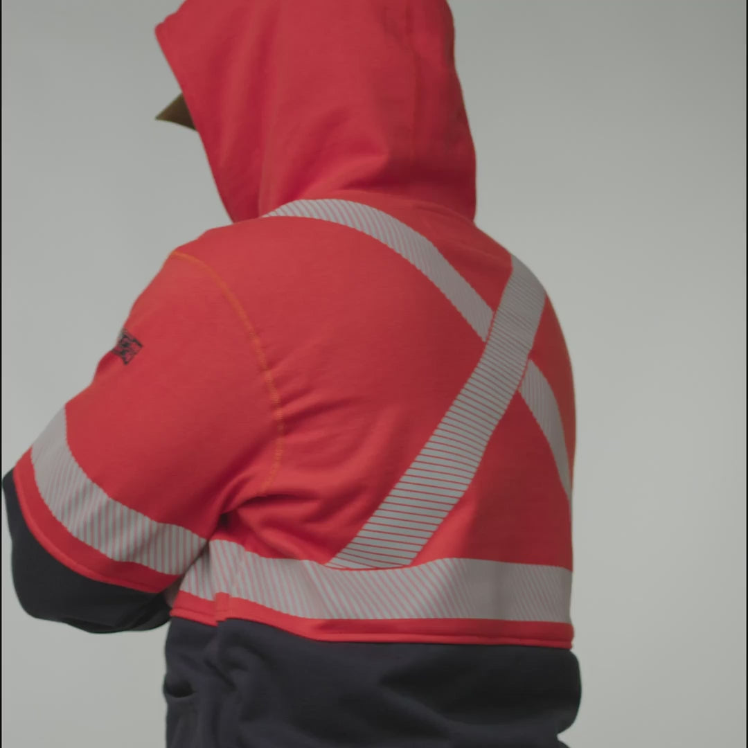 MWG BLOCKER Men's FR Pullover Hoodie. Men's FR Hoodie is orange and navy with silver reflective. FR Hoodie is CAT 3 FR.