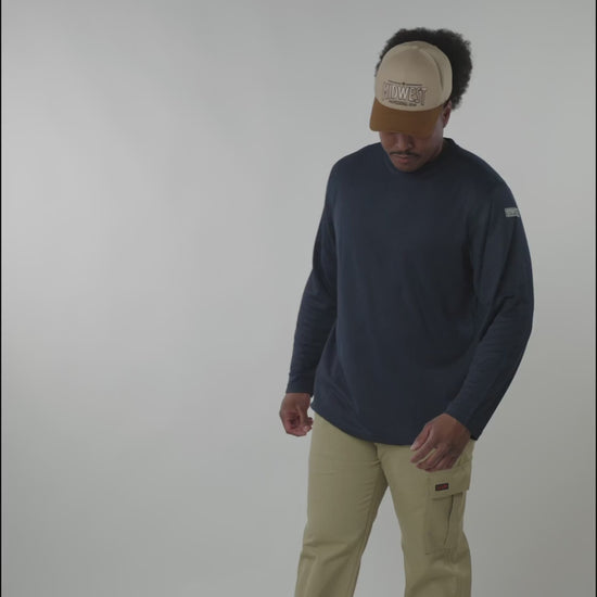 MWG TRANSMISSION Men's FR Base Layer Long-Sleeve. Men's FR Shirt is navy. Men's FR Shirt is CAT 2 FR.