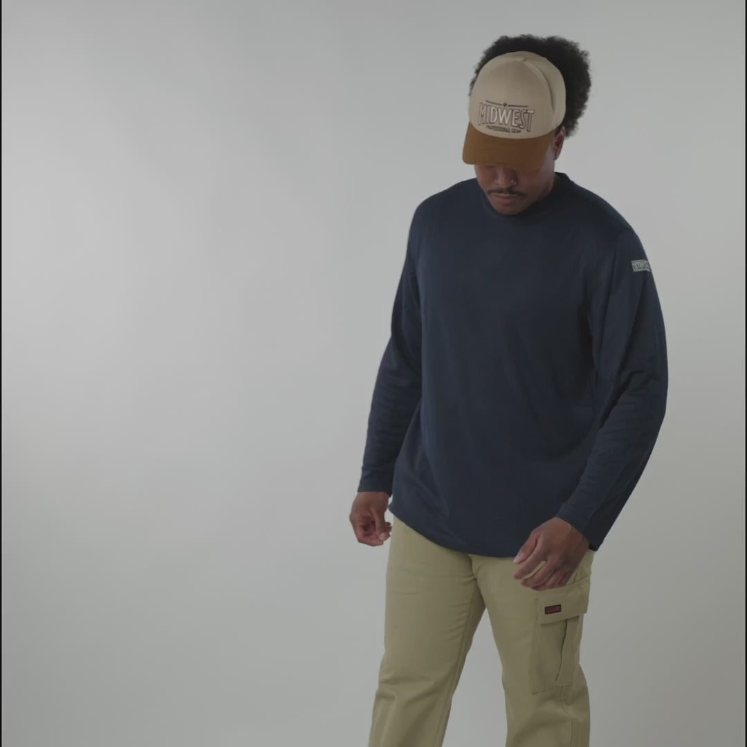 MWG TRANSMISSION Men's FR Base Layer Long-Sleeve. Men's FR Shirt is navy. Men's FR Shirt is CAT 2 FR.