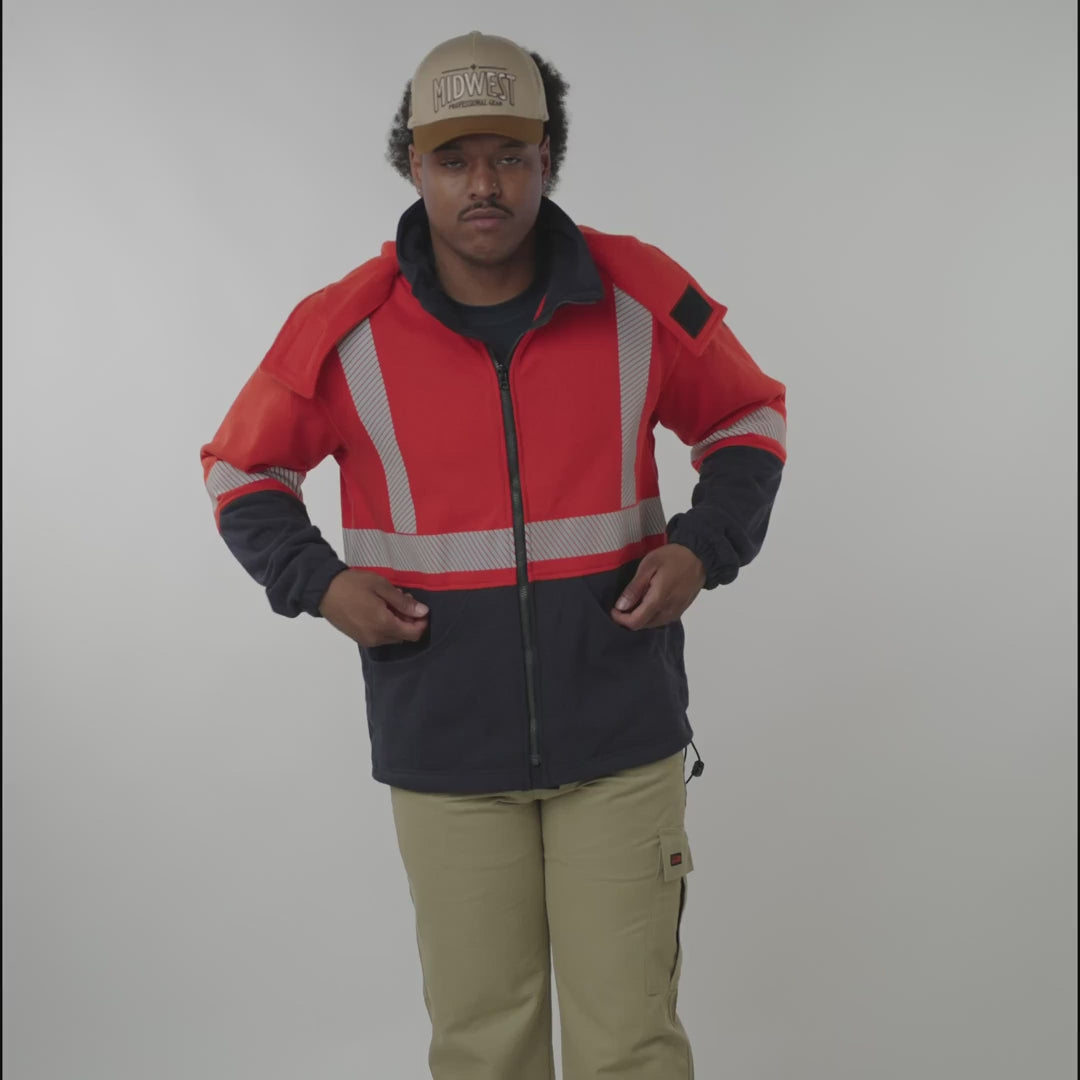 MWG BLOCKER Men's FR Hoodie. Men's FR Hoodie is orange and navy with silver reflective. Men's FR Hoodie is CAT 3 FR.