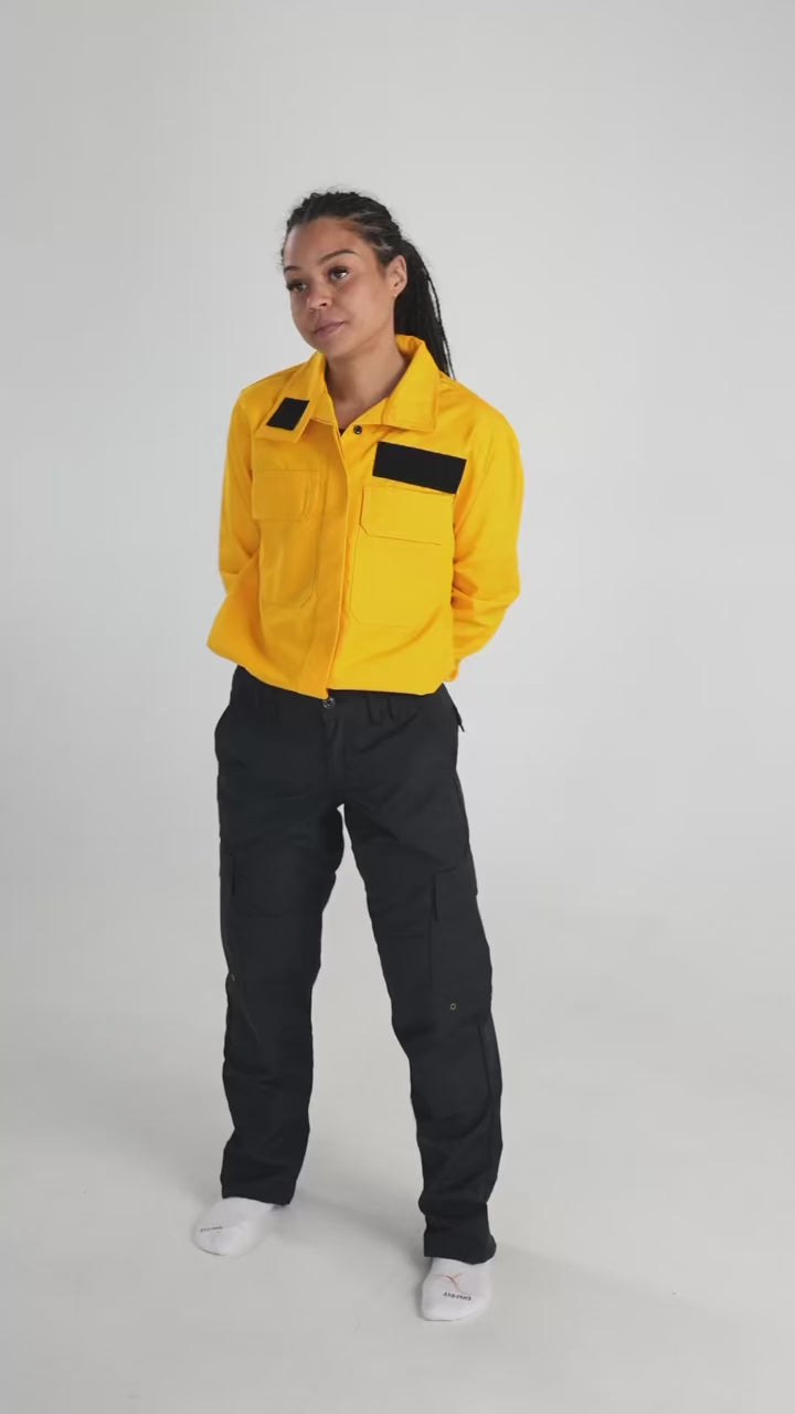 MWG RIPGUARD Women's FR Wildland Shirt. Women's FR Shirt is bright yellow with a black velcro patch. FR Shirt is CAT 2 FR.