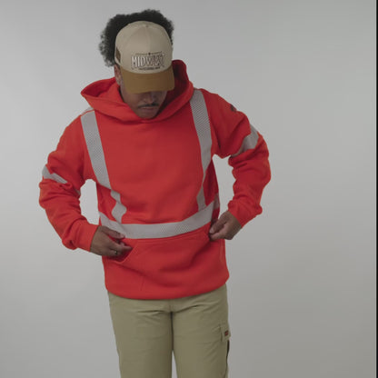 MWG COTTON COMFORT Men's FR Pullover Hoodie. Men's FR Hoodie is orange with silver reflective striping. Men's FR Hoodie is CAT 2 FR.