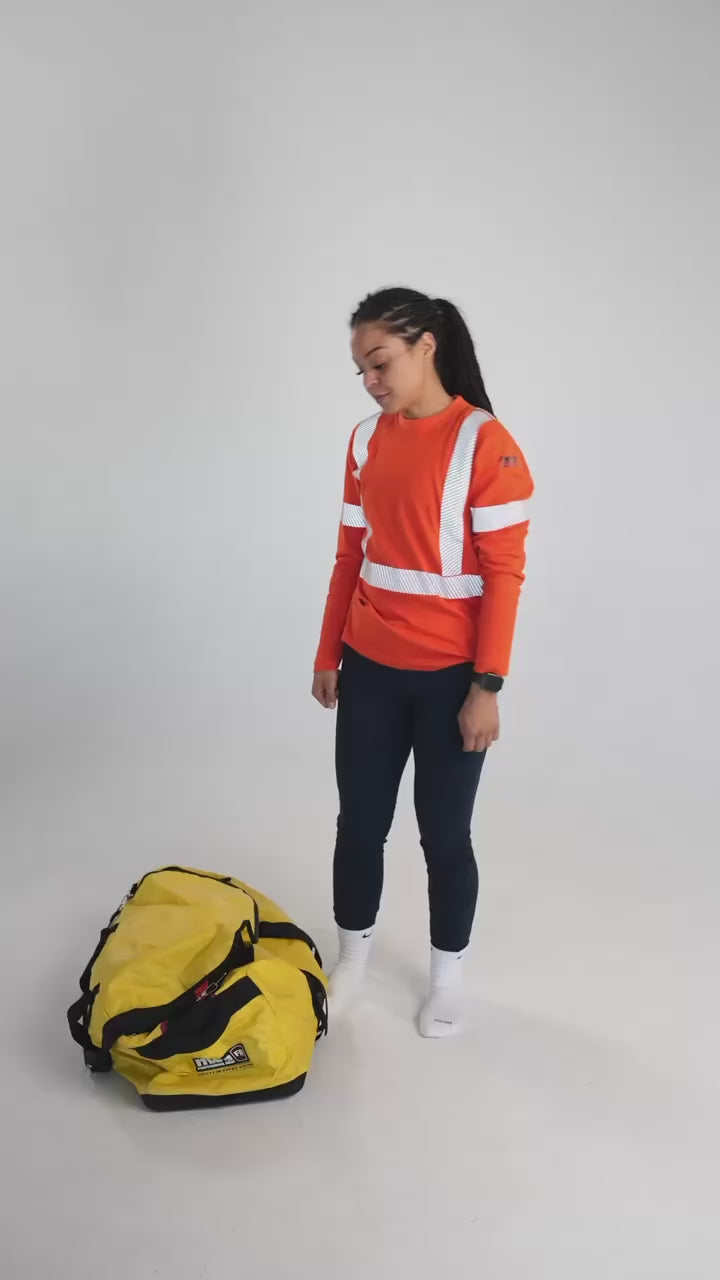 MWG RIPGUARD Women's FR Bib Overall. Women's FR Bib Overall is orange and navy with silver reflective. Women's FR Bib Overall is CAT 2 FR.