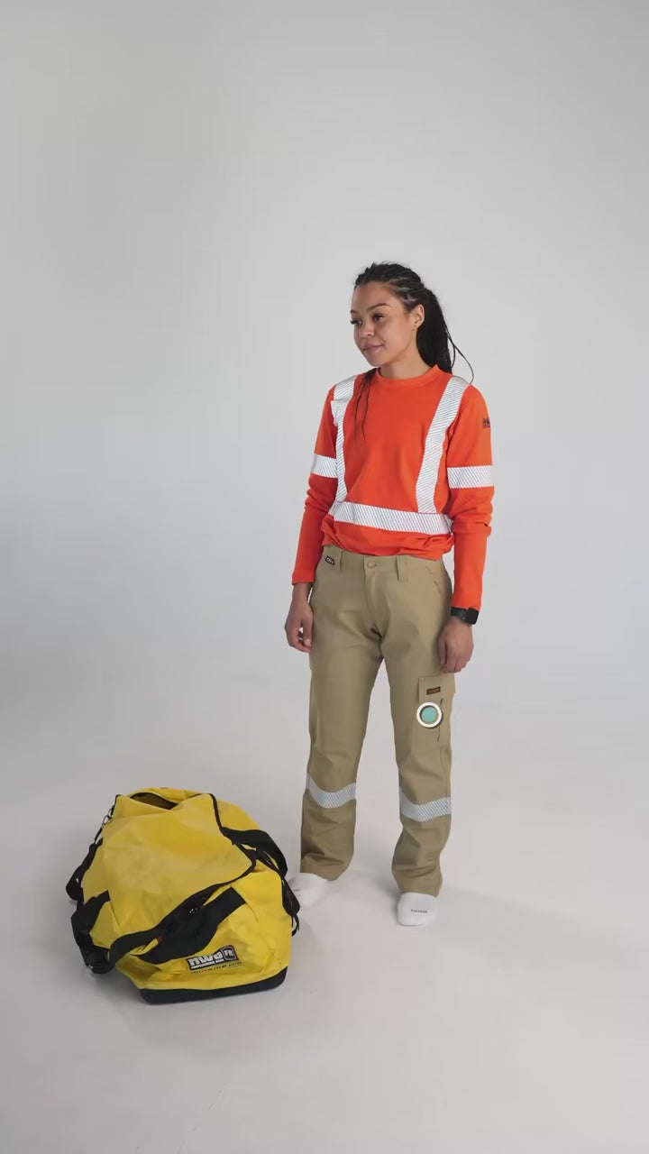 MWG COMFORT WEAVE Women's FR Utility Pant. Women's FR Pants are tan with silver reflective striping. Women's FR Pants are CAT 2 FR.