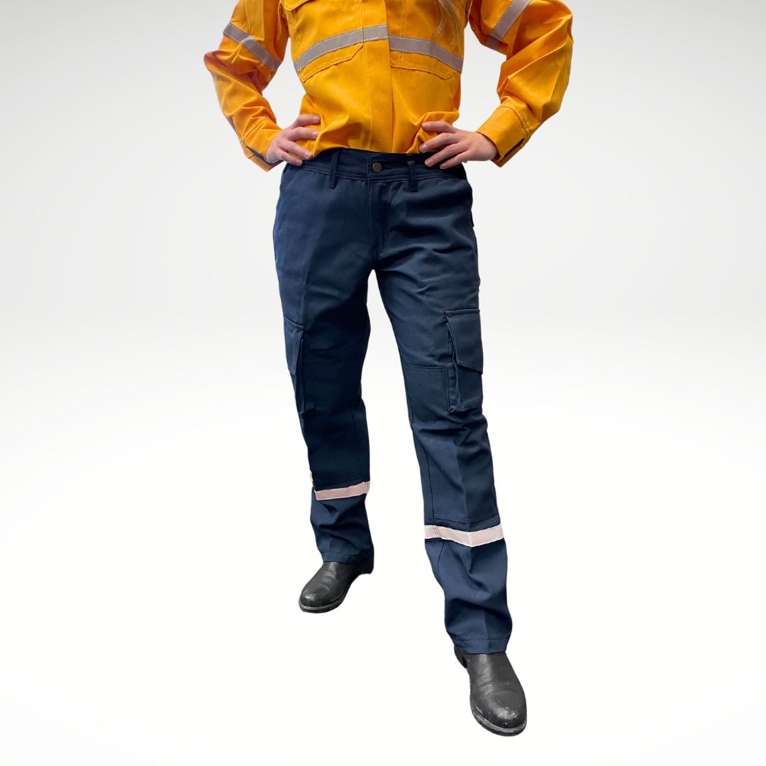 Women's FR Wildland Firefighting Pants. Women's FR Pants are navy blue with silver reflective striping on lower leg.