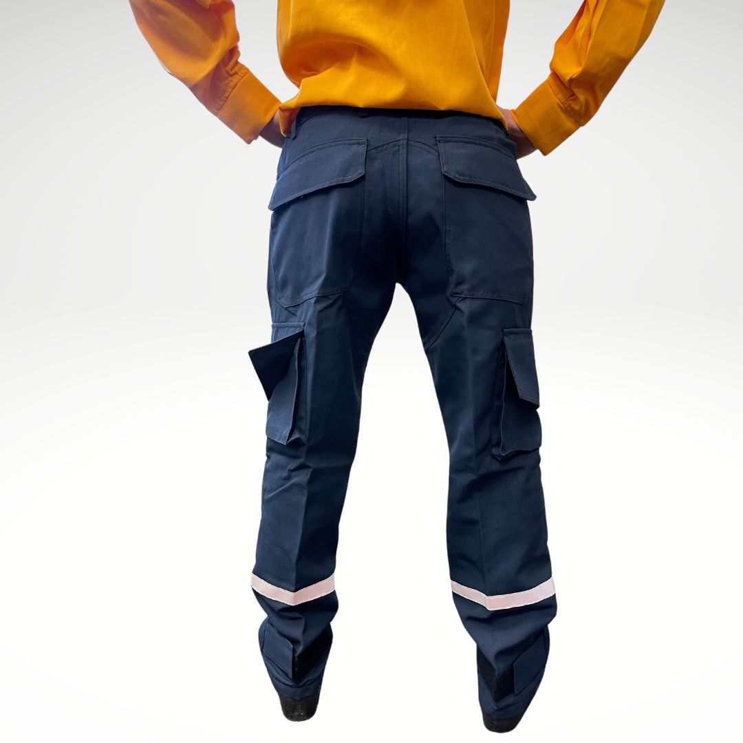 Women's FR Wildland Firefighting Pants. Women's FR Pants are navy blue with silver reflective striping on lower leg.