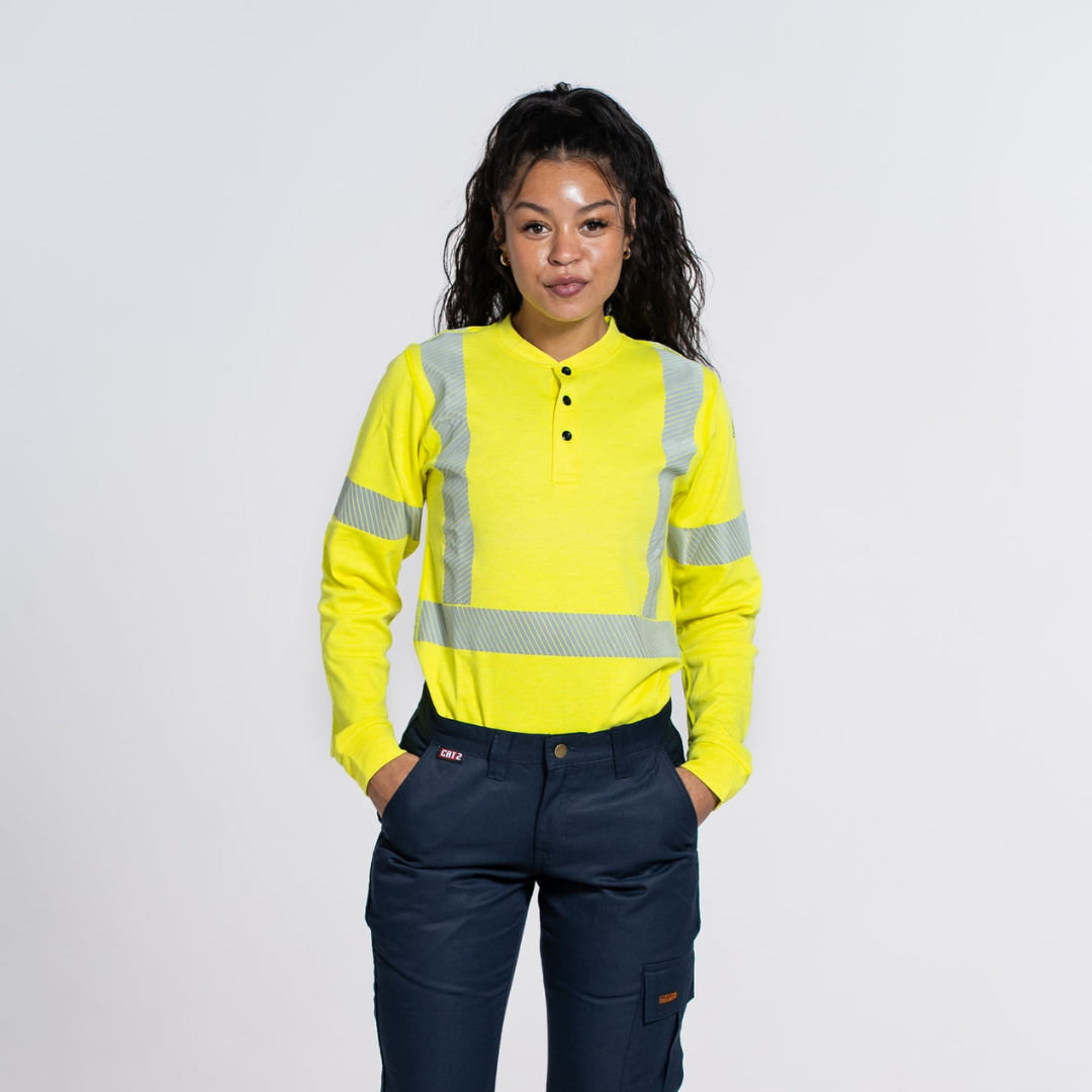 MWG EVOLUTION Women's FR Henley. Women's FR Shirt is bright yellow with reflective striping. Women's FR Shirt is CAT 2 FR.