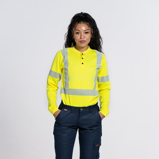 MWG EVOLUTION Women's FR Henley. Women's FR Shirt is bright yellow with reflective striping. Women's FR Shirt is CAT 2 FR.