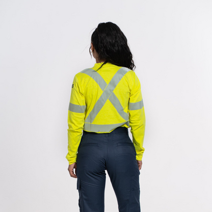 MWG EVOLUTION Women's FR Henley. Women's FR Shirt is bright yellow with reflective striping. Women's FR Shirt is CAT 2 FR.