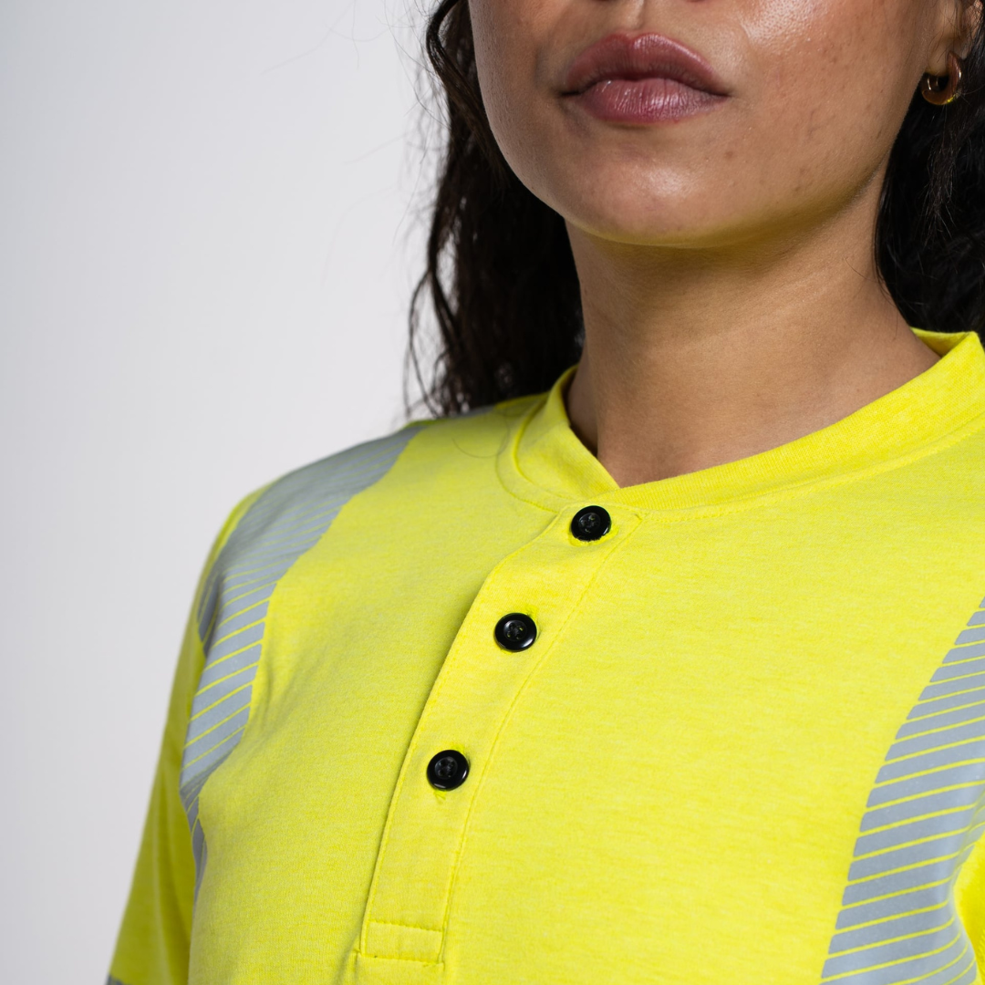 MWG EVOLUTION Women's FR Henley. Women's FR Shirt is bright yellow with reflective striping. Women's FR Shirt is CAT 2 FR.