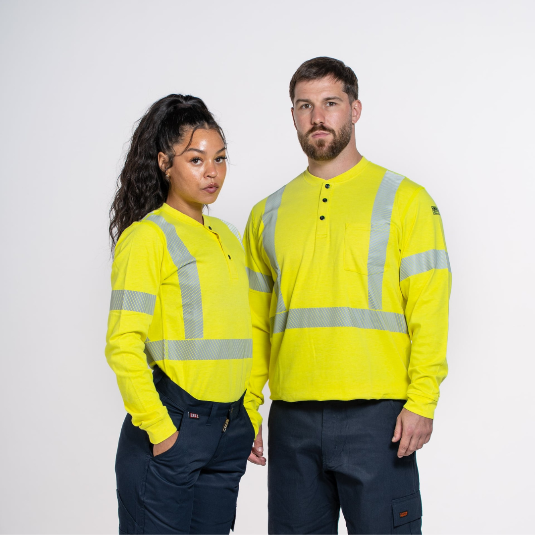MWG EVOLUTION Women's FR Henley. Women's FR Shirt is bright yellow with reflective striping. Women's FR Shirt is CAT 2 FR.